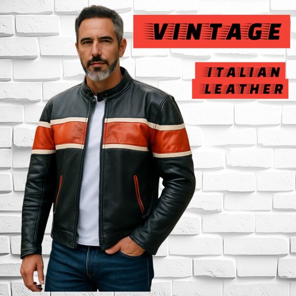 VINTAGE/RETRO BIKER JACKET BLACK/ORANGE ITALIAN LEATHER - HARD TO FIND - Picture 1 of 15